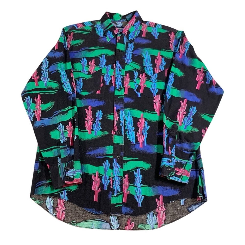 Wrangler Cactus Western Shirt Mens 16.5-34 Black Neon Pink Blue Cowboy Cut 90s‎